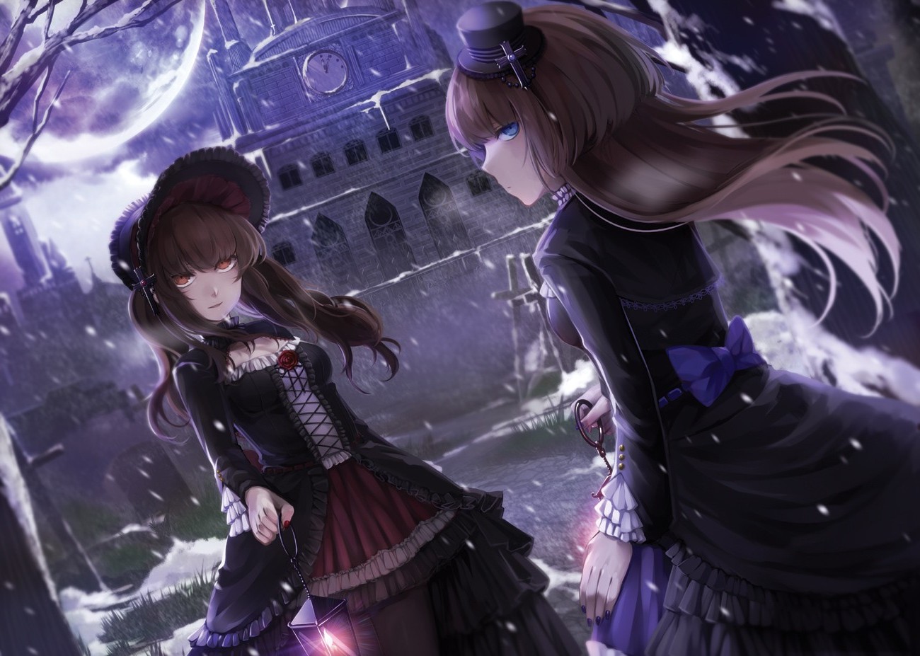Anime character in gothic Lolita fashion with purple lighting